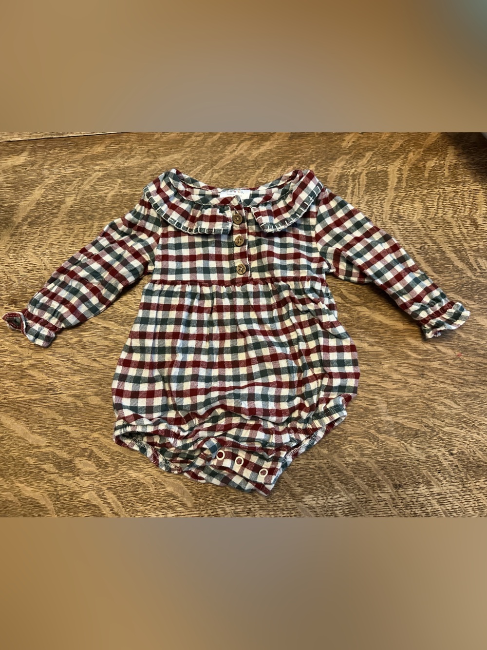 Little & Co by Lauren Conrad Plaid Baby Romper in Burgundy, Green & Cream